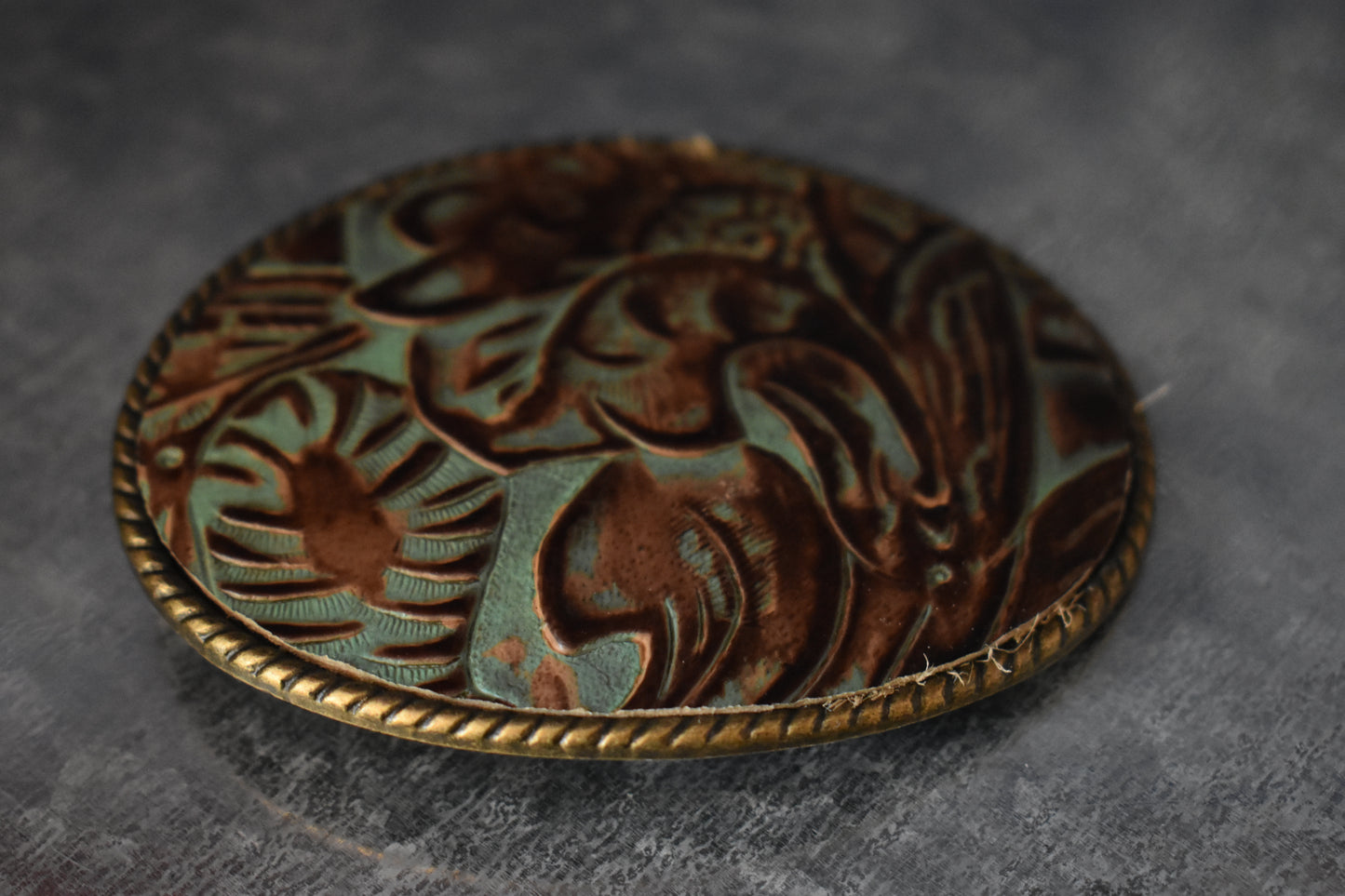 Rope Edge Turquoise Brown Floral Leather Belt Buckle