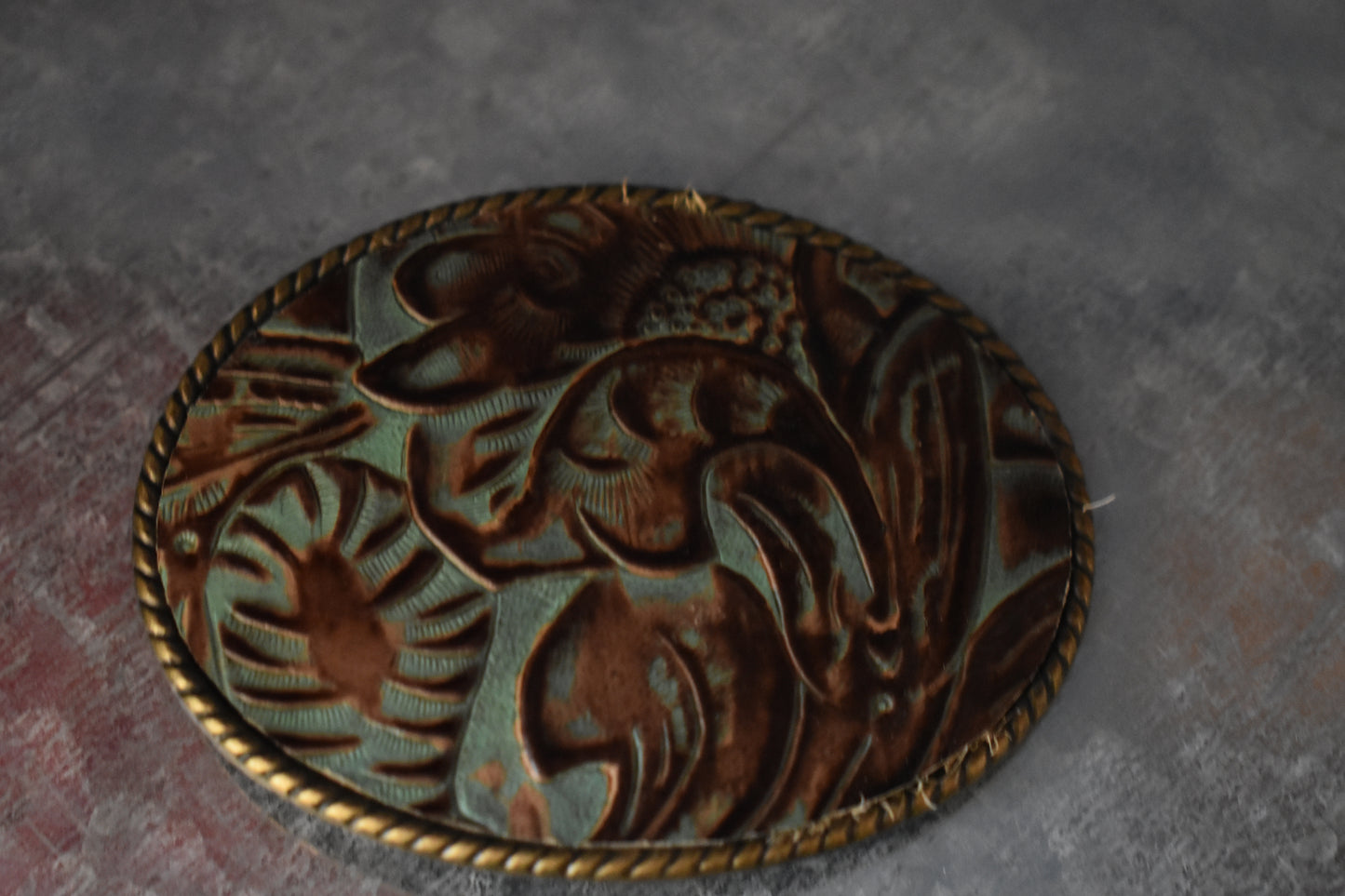 Rope Edge Turquoise Brown Floral Leather Belt Buckle