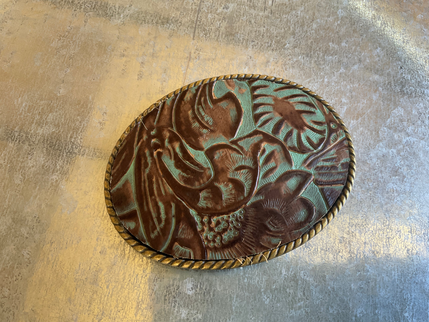 Rope Edge Turquoise Brown Floral Leather Belt Buckle