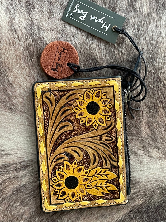 Radiant Sunflowers Hand-tooled Credit Card Holder